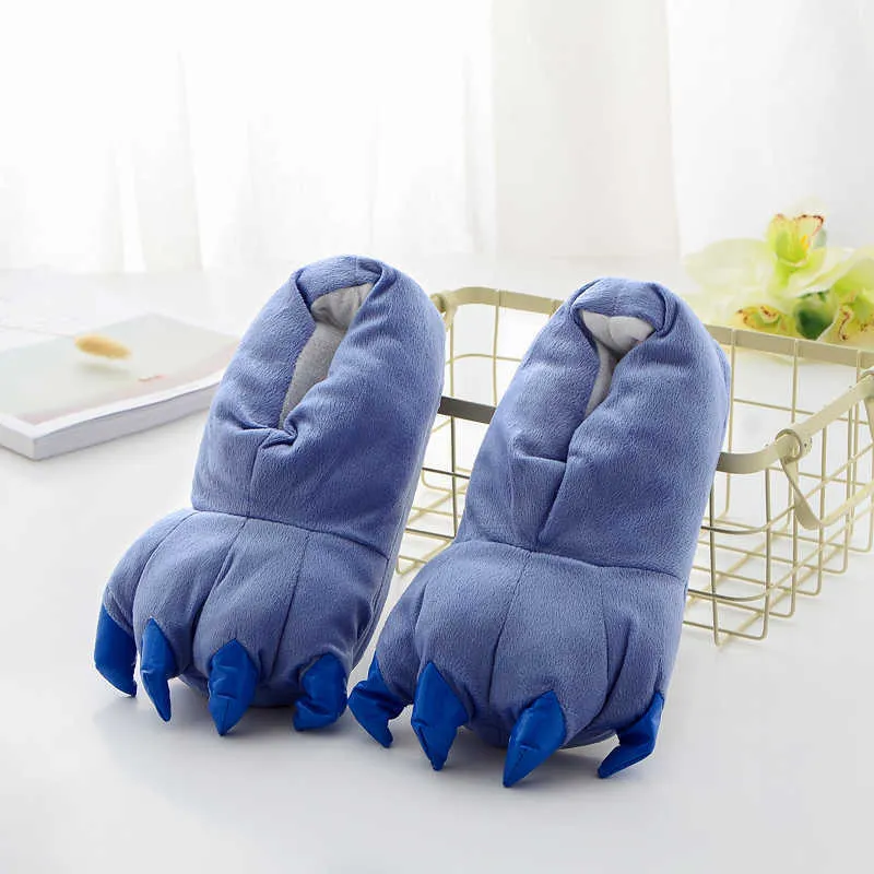 恐竜の爪のスリッパ子供の柔らかい暖かいスリッパの男性女性家の家の家家の家の足の足のスリッパ親子漫画の青い靴Y0804