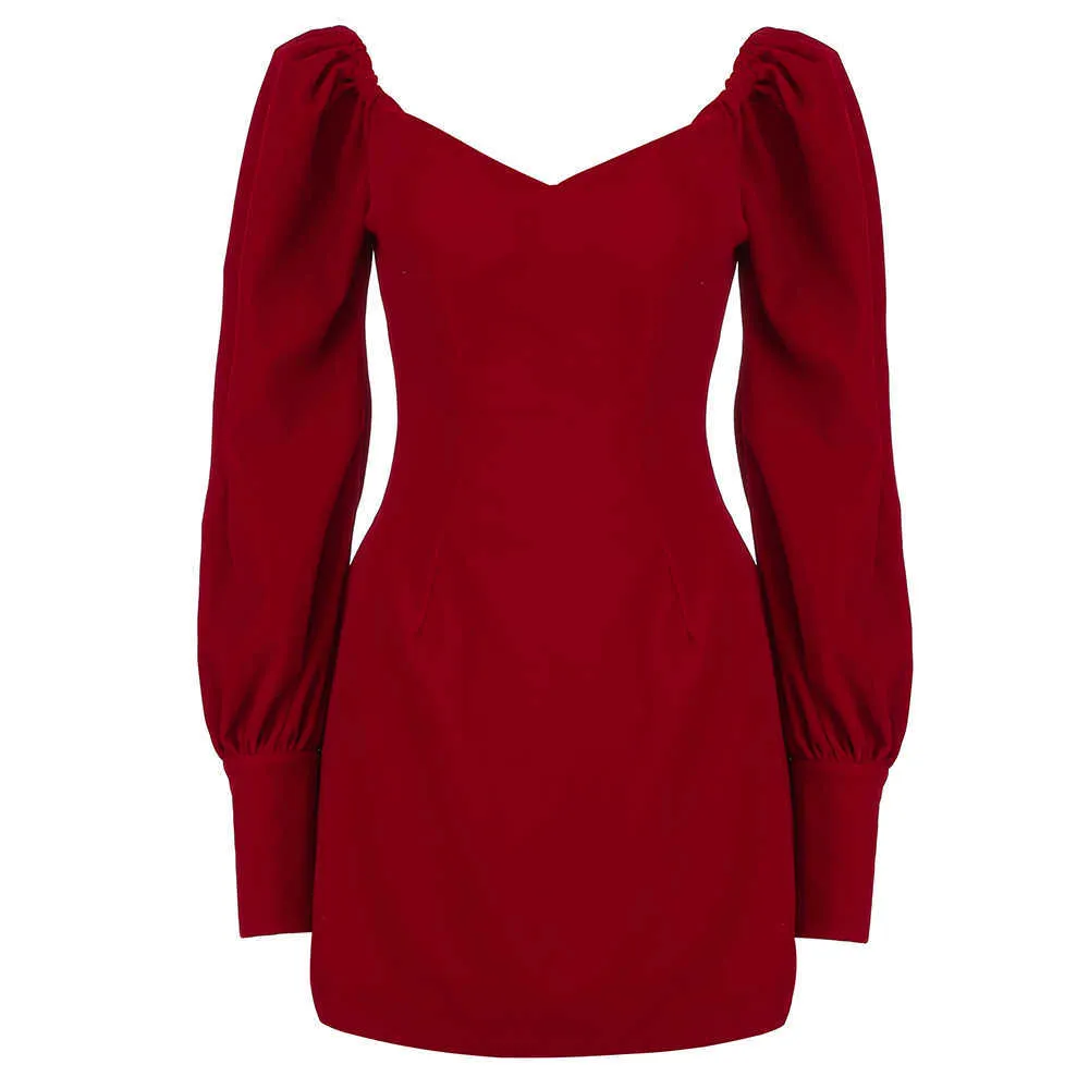 Ocstrade Bodycon Dress Sexy V Neck Red Ankomst Lantern Långärmad Kvinnor Nattklubb Party ES 210527