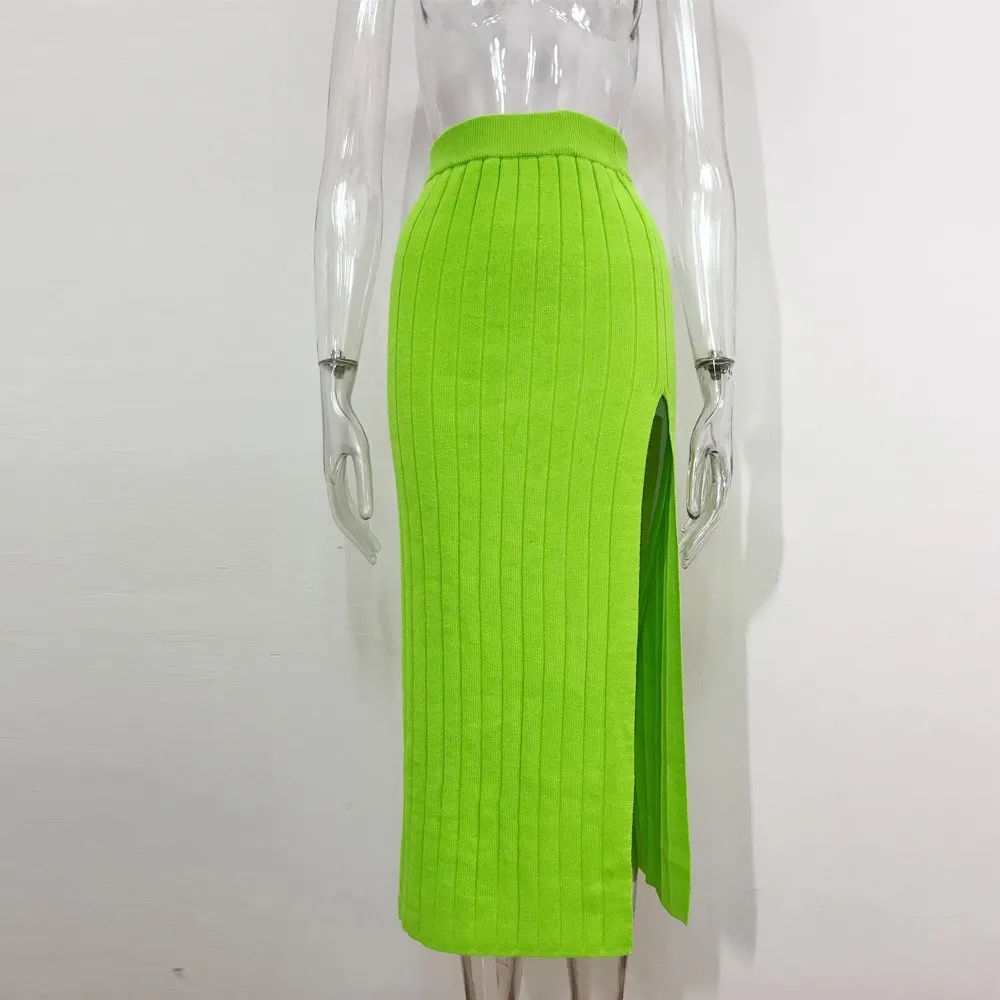 OL Vrouwen Neon High Waist kokerrok Zomer Herfst Fluorescent Green Pink High Split Solid Skirt Knit Ribbon Bodycon Midi Rok X0428