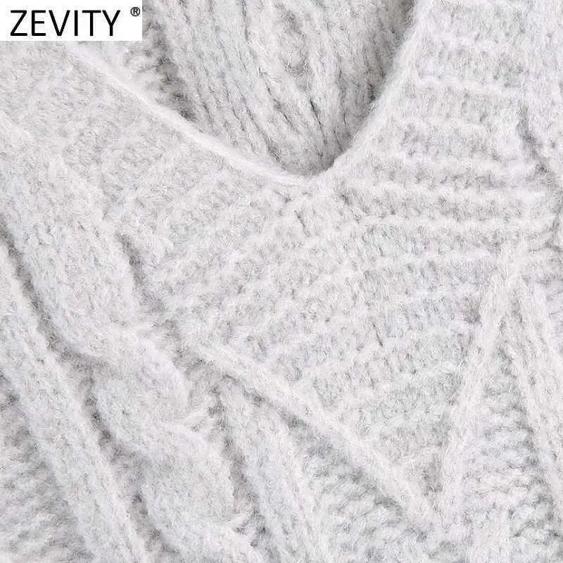 Zevity 여성 빈티지 V 넥 트위스트 크로 셰 뜨개질 캐주얼 뜨개질 민소매 조끼 스웨터 레이디 세련된 양복 조끼 풀오버 점퍼 탑 S687 210603