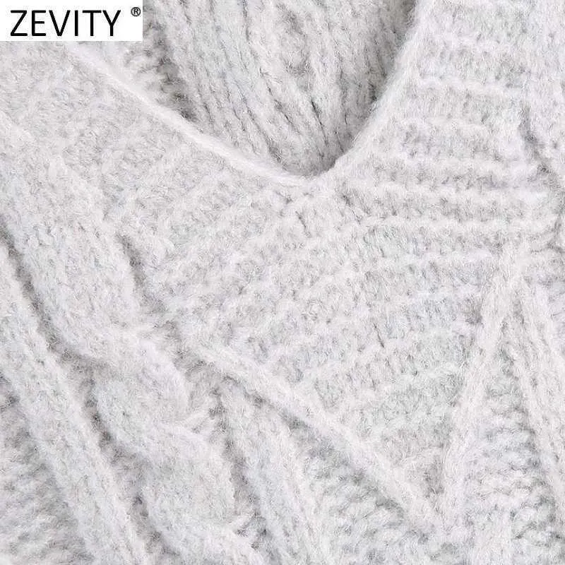 Zevity Women Vintage V Neck Twist Crochet Casual Knitting Sleeveless Vest Sweater Lady Chic Waistcoat Pullovers Jumper Tops S687 210603