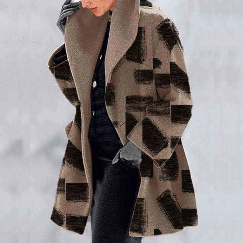 Vintage harajuku mönster printp kvinnor tweed ytterkläder höst vinter elegant lapel löstrock mode långärmad jacka toppar 211110