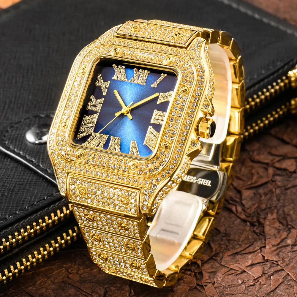 Orologio quadrato Ice Out Diamond Hip Hop Hot Men Quadrante al quarzo Orologi al quarzo impermeabili Droshipping Reloj Hombre