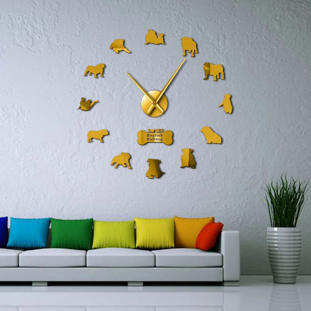 Inglês Home Decor Britânico Bulldog Silhuetas Arte DIY Grandes relógios Grande Tempo Relógio de Parede 210325