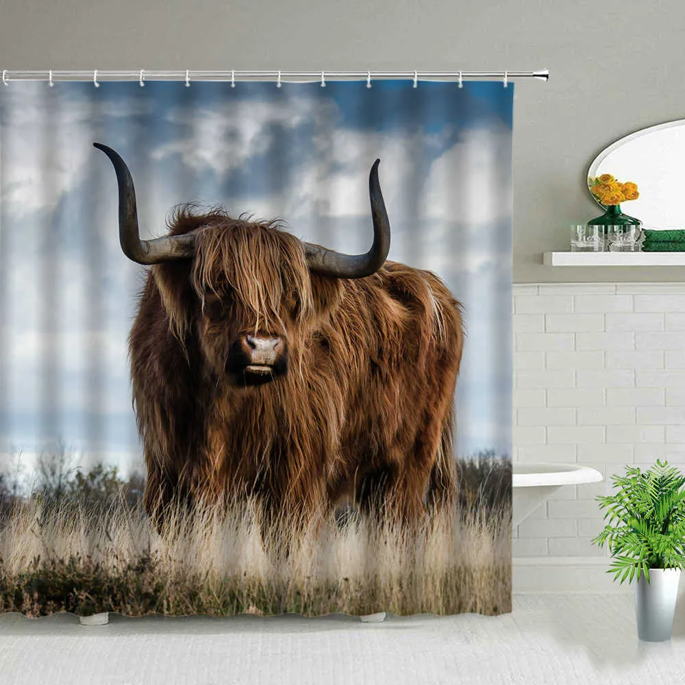 Fleur Highland Cow Thème Rideaux de douche Ferme Animal 3D Imprimer Tissu imperméable Rideau de salle de bain Set Baignoire Art Décor avec crochet 210915