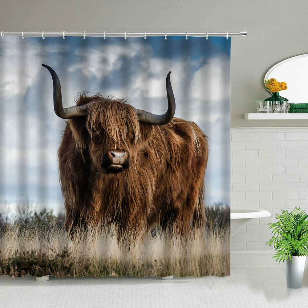 Flower Highland Cow Theme Shower Curtains Farm Animal 3D Print Waterproof Cloth Bathroom Curtain Set Bathtub Art Decor With Hook 210915