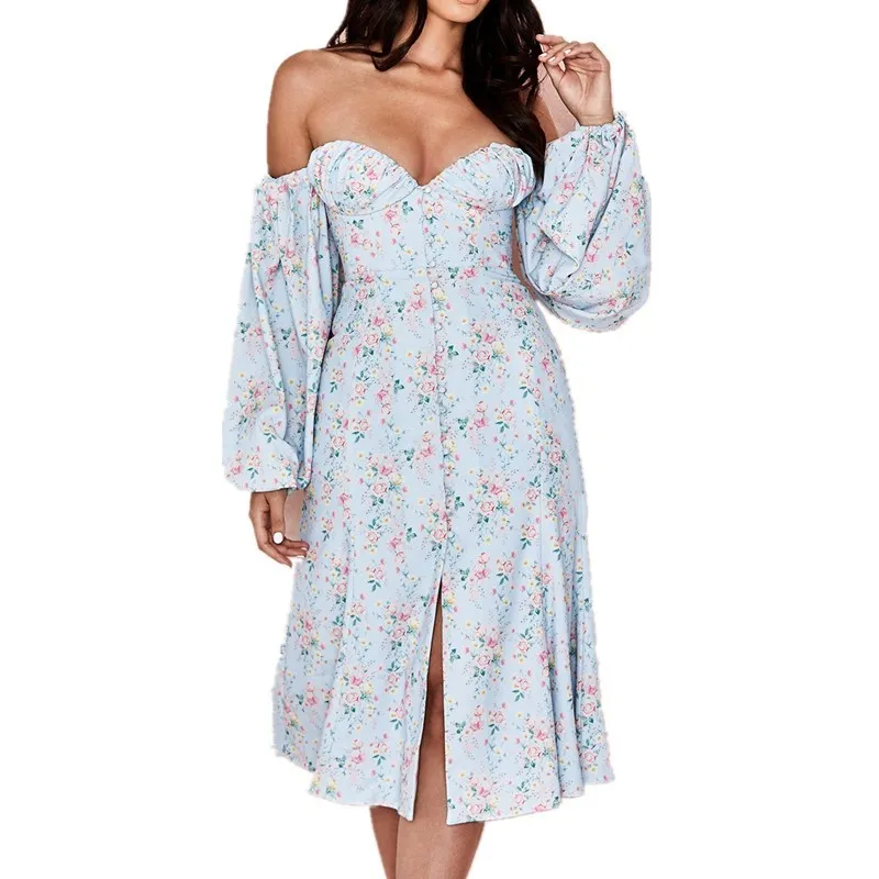 Retro Skyblue Floral Print Voilet Midi Dress Women V neck Bandage Lantern Long Sleeve Button Slit Off Shoulder Dresses 210429