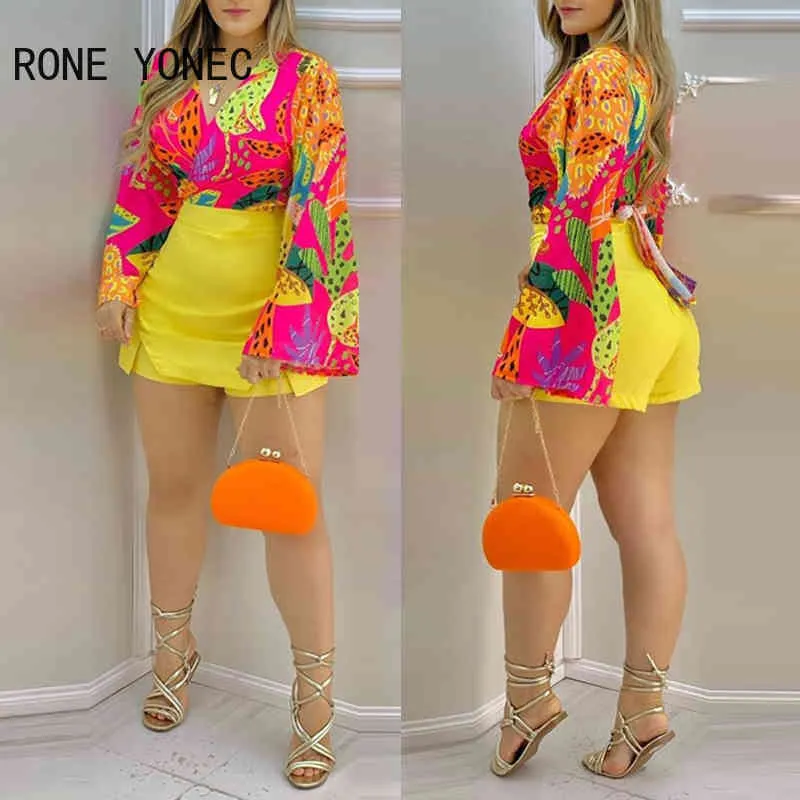 Women Two Piec Set All Over Print V Neck Wrap Top & Shorts Set Summer suit X0428