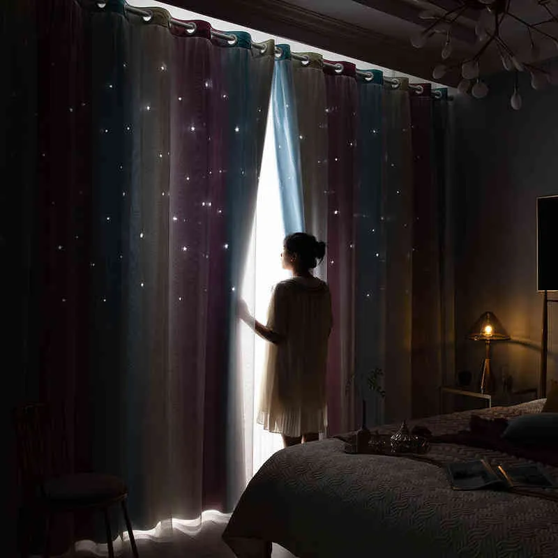 Étoiles brillantes Rideaux en tissu pour enfants Rideaux de fenêtre en étoile à double couche colorée pour salon chambre à coucher rideau occultant dégradé 211203
