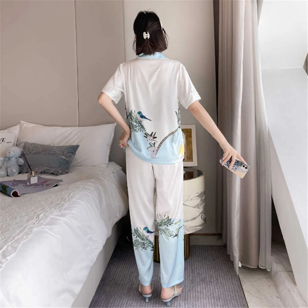 Sexy Flower Birds Printed Satin Sleepwear Rayon Women Pajamas Short Sleeve Pants Home Suit Two Piece Set Nightwear Q0706