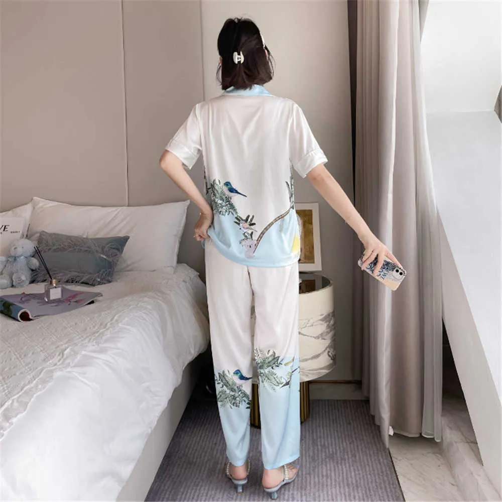 Sexy Flower Pássaros Impresso Cetim Sleepwear Rayon Mulheres Pijamas De Manga Curta Pants Home Terno Dois Pedaço Set Nightwear Q0706