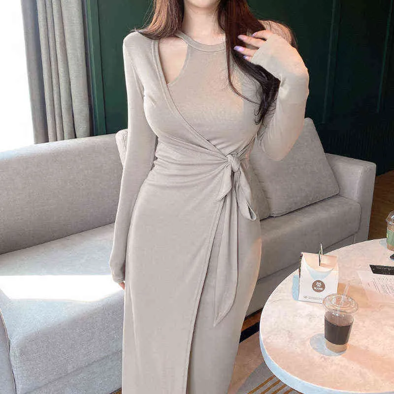 Womengaga Korea 2021 осень зима новое тело женское нерегулярное боковочное повязка стройное сексуальное разделительное платье Maxi длинные платья S8HD G1214