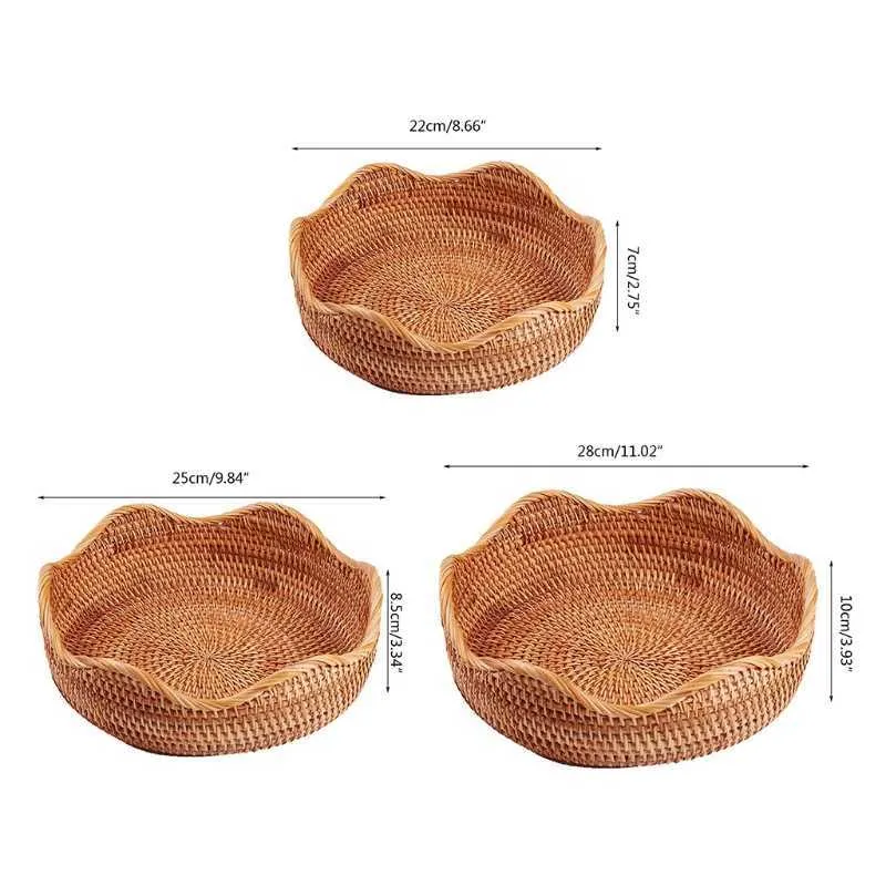 Hadegewebter runder Rattan-Obstkorb aus Korbgeflecht, Essenstablett, Weben, Aufbewahrungshalter, Schüssel für kosmetisches traditionelles Handwerk 210609