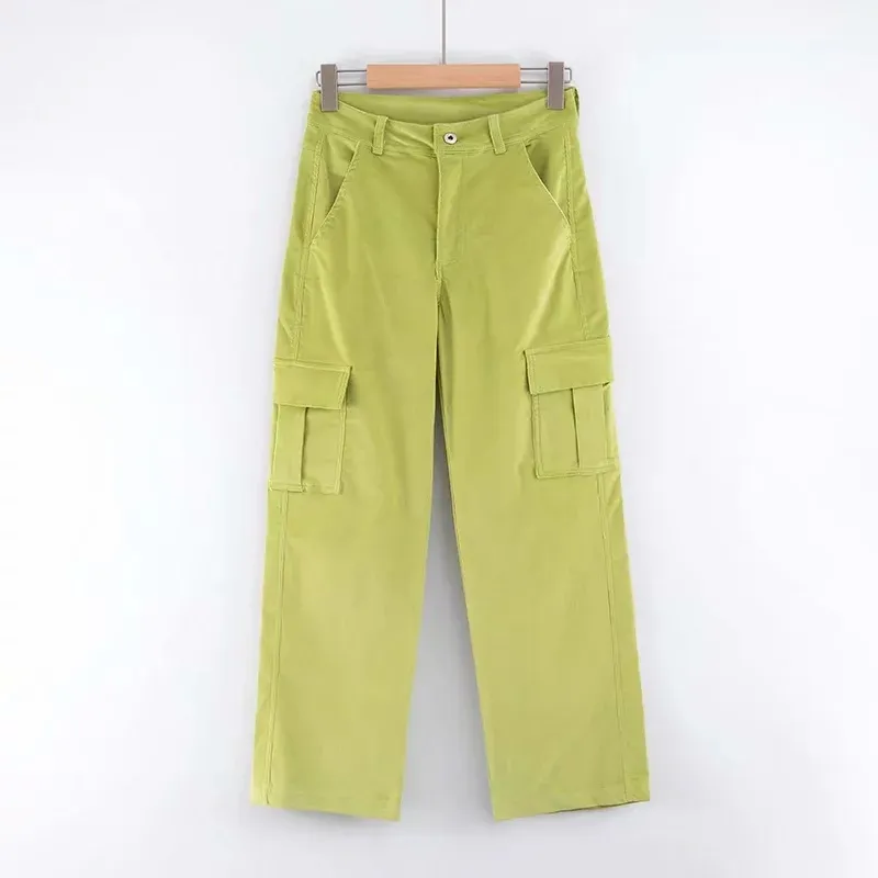 Pantalones de pana verde y negro Vintage de invierno para mujer, pantalones holgados de cintura alta de camuflaje, ropa de calle informal cálida cargo de talla grande 210521