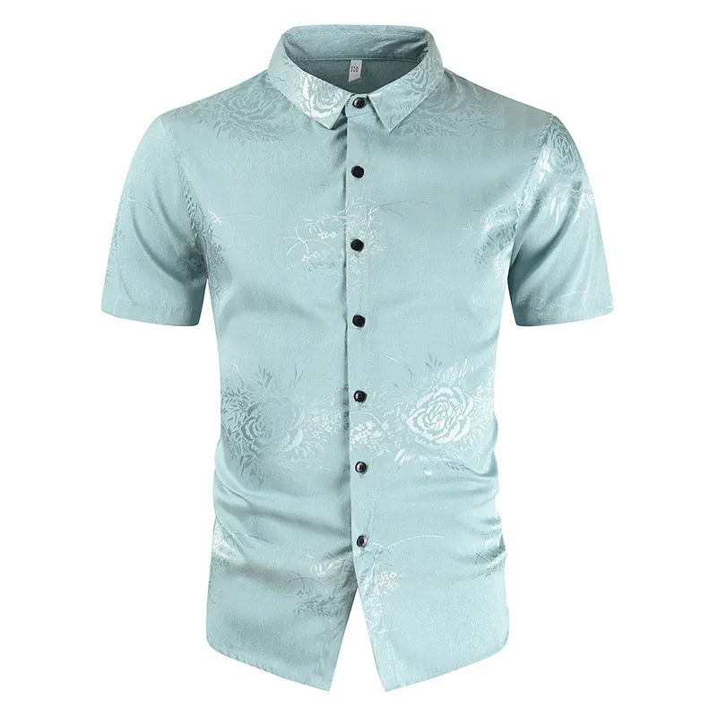 Vit Silk Mens skjorta Blommigryck Män Kläder Elasticitet Män Klänningskjorta Kortärmad Casual Slim Fit Shirts för Men Camisas 210524