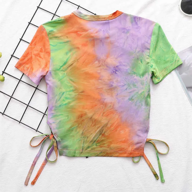 Dorywczo Kobiety O Neck Slim T-shirt Lato Moda Damska High Street Cool Female Tie-Dye Talia Sznurek Top 210527