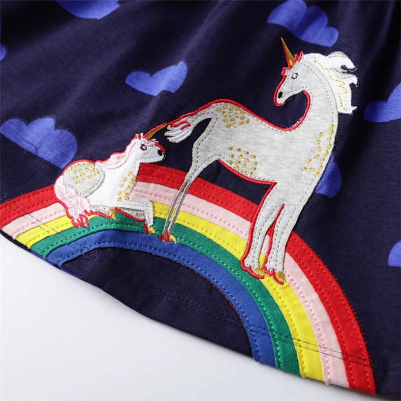 Hoppmätare Ankomst Prinsessan Klänningar med Unicorn Applique Långärmade tjejer Rainbow Barnkläder för hösten 210529