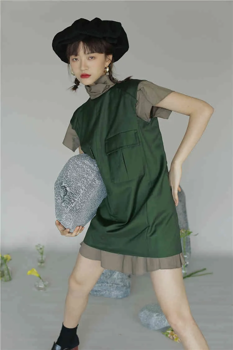 Japon style vert col roulé mini robe été pathwork faux 2 pièces designer papillon manches robes mode 210427