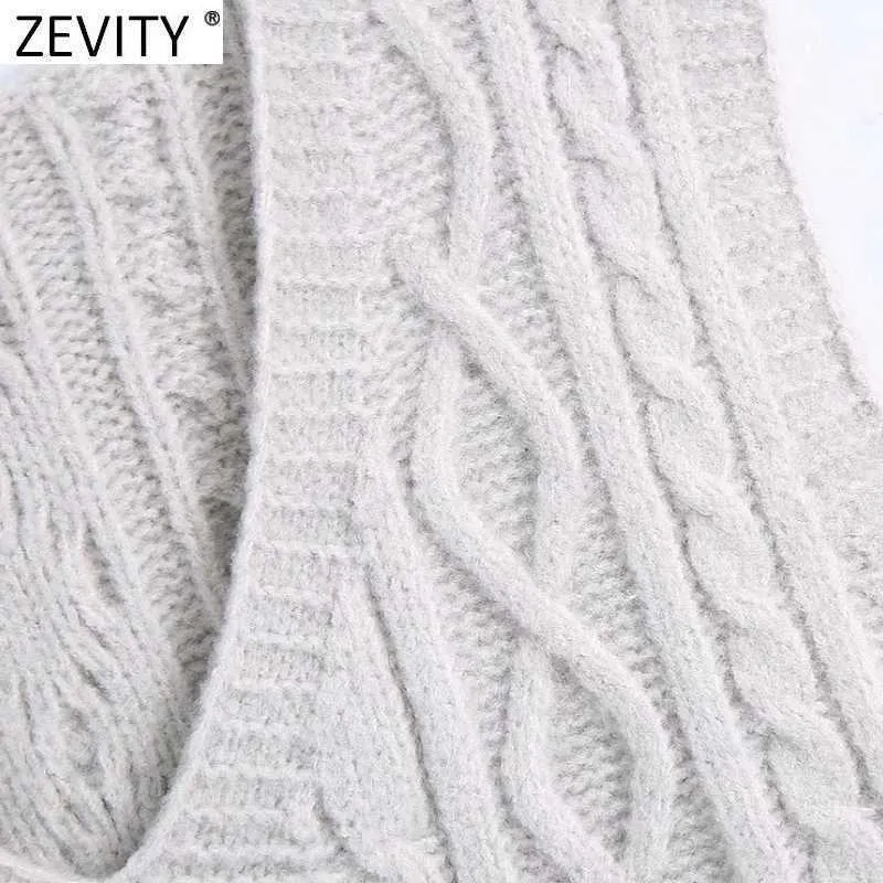 Zevity mujeres Vintage cuello en V Twist Crochet Casual tejer chaleco sin mangas suéter señora Chic chaleco pulóveres Jumper Tops S687 210603
