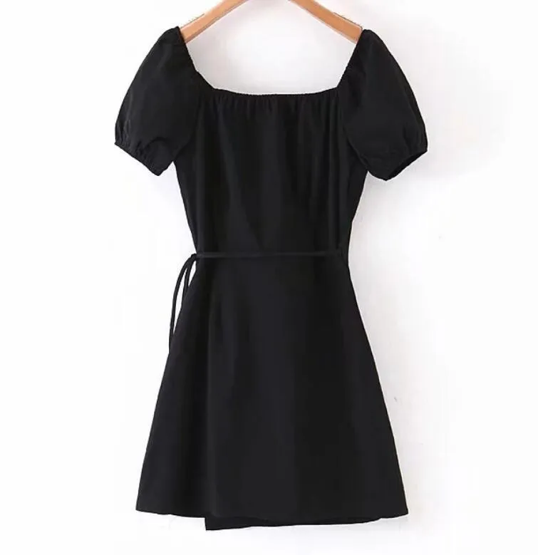 Nouveau français col en V avant fente robe portefeuille vacances femme cravate nœud à lacets taille à manches courtes robes courtes noir thé robe 210325