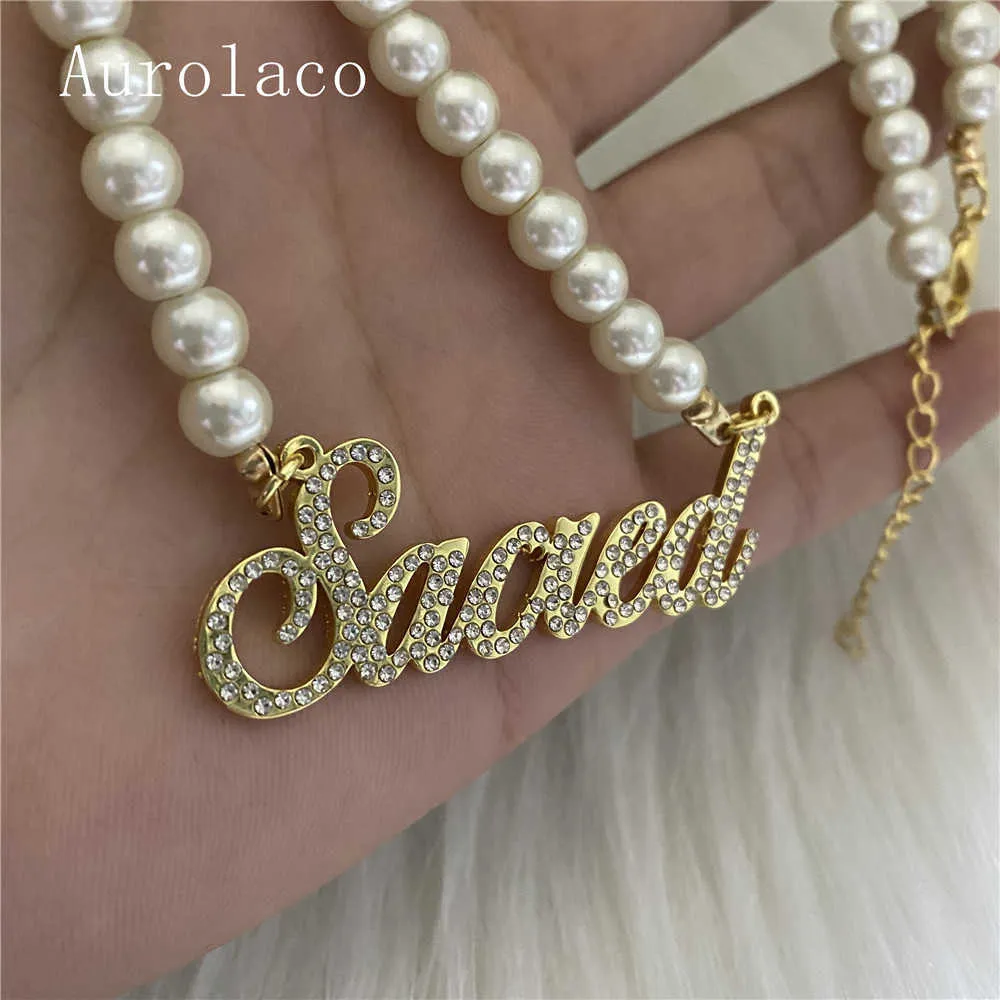 AurolaCo, nombre personalizado, colgante de oro perla personalizado, collar con placa de identificación para mujer, regalo de joyería