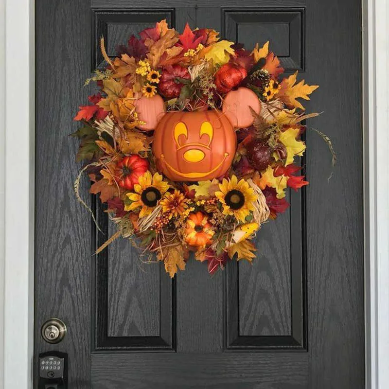 Guirnalda de calabaza de otoño para puerta delantera con calabazas arces artificiales girasol otoño cosecha decoración de vacaciones decoración de Halloween Y0816