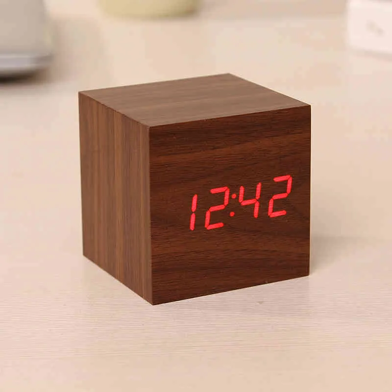 LED Digital Holz Uhr Alarm Cube Timer Kalender Thermometer Sprachsteuerung Anti-Snooze Schreibtisch Tisch Werkzeuge Haushaltsdekoration