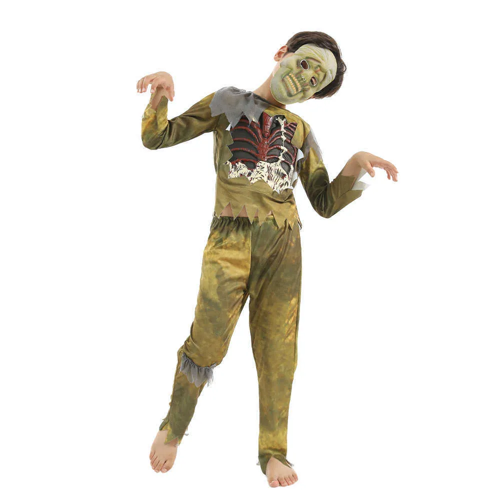 Eraspooky Scary Swamp Zombies Cosplay Boys Skeleton Shirts Halloween Costume For Kids Party Fancy Dress Skull Mask Q0910