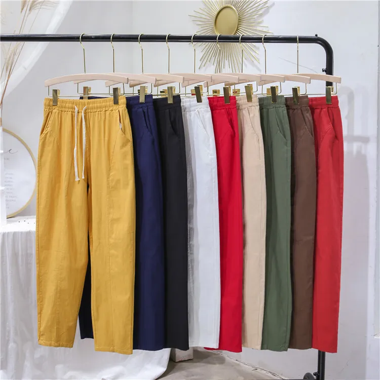 Femmes pantalons printemps été décontracté coton lin solide taille élastique Harem pantalons longs vêtements d'extérieur pour femmes grande taille 210524