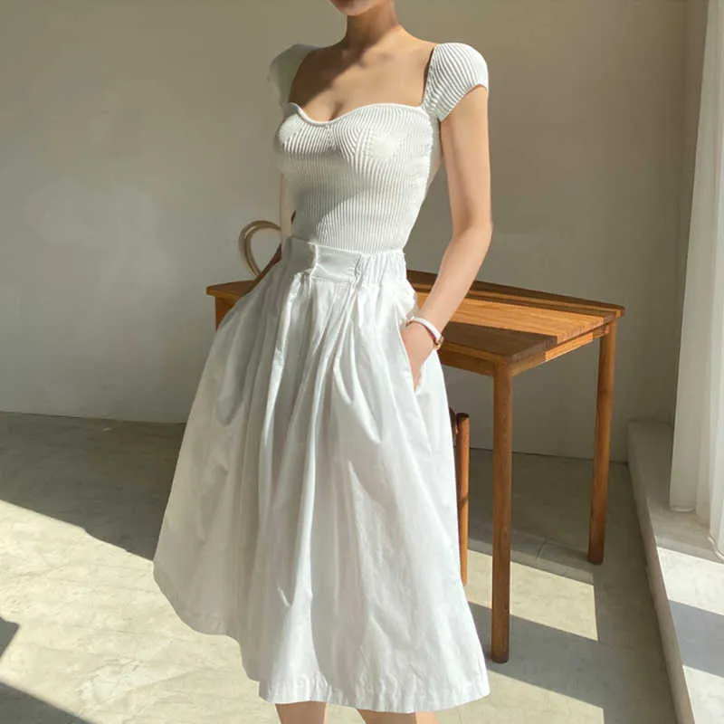 Korejpaa Women Dress Sets Korea Chic Elegant Sexy Slim Knit Sweater and High Waist and Long Skirt Trouser White Skirt Suit 210526