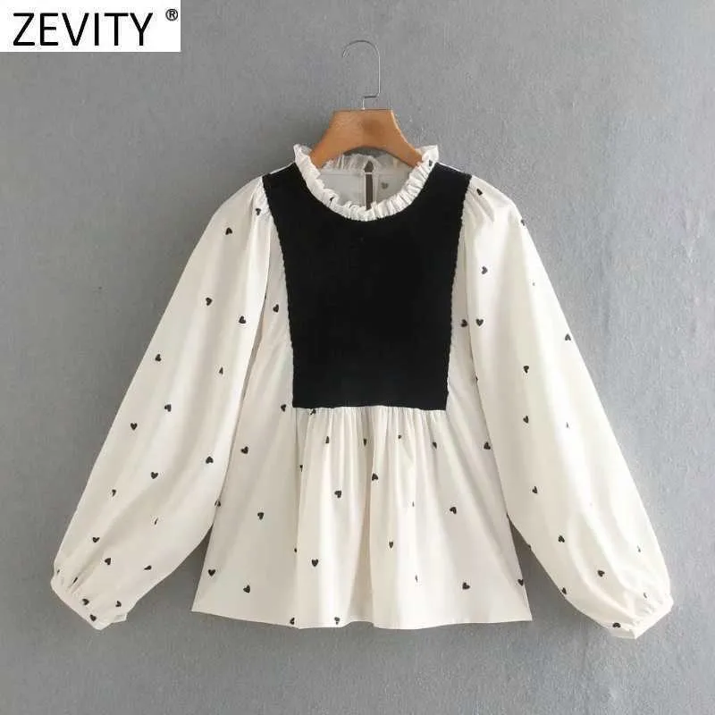 Zevity Donna Vintage Velluto nero Patchwork Volant Camicetta grembiule casual Office Lady Hearts Stampa Camicie Chic Blusas Top LS7431 210603