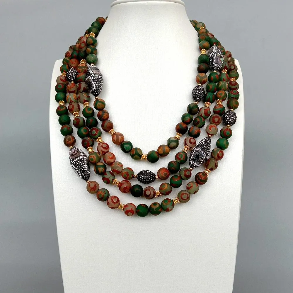 YYGEM multi strand 10mm Green Brown Frosted Agate Abalone Shell Choker Necklace 18"