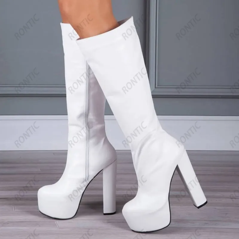 Rontic El Yapımı Kadınlar Kış Diz Çizmeler Faux Deri Platformu Blok Topuklu Yuvarlak Toe Pretty Beyaz Parti Ayakkabı Bayanlar ABD Boyutu 5-20