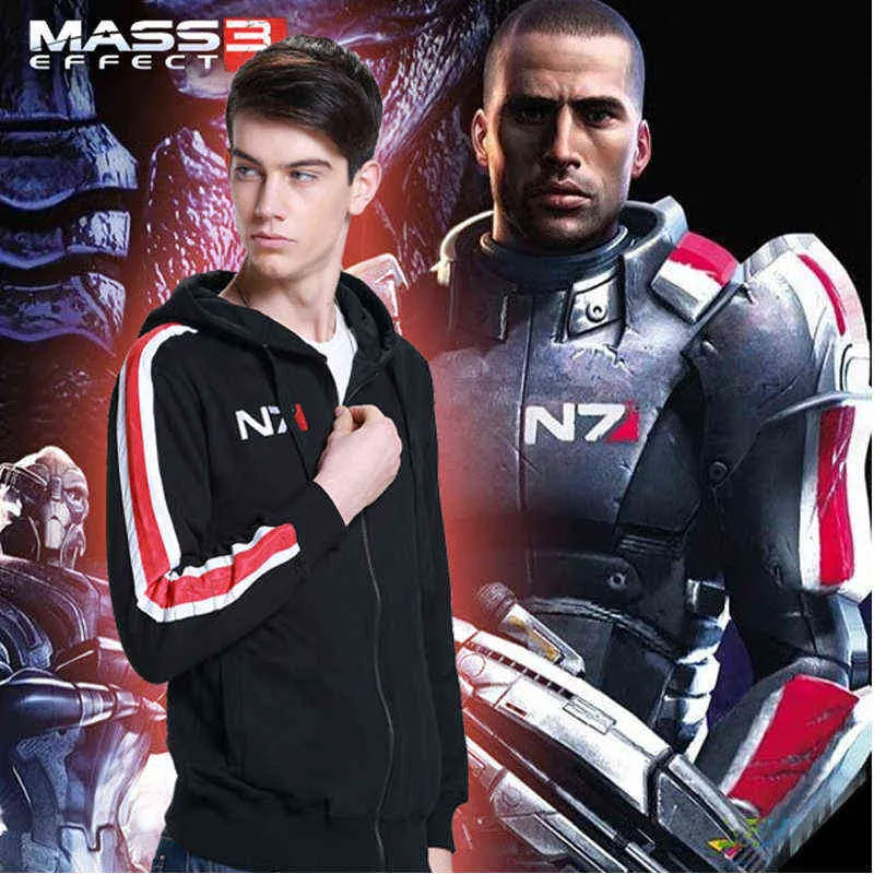 Cosplay N7 Mass Effect Zip Up Sweat À Capuche Hommes Noir Anime Sweat À Capuche Femmes Bordure Polaire Épais Chaud Sweetshirt Streetwear 220114