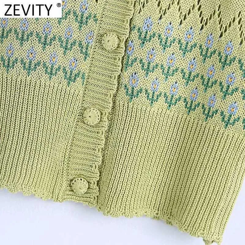 Zevity Women Fashion V Neck Floral Broderi Hollow Out Crochet Stickad Sweater Kvinna Chic Ärmlös Cardigan Vest Tops SW833 210603