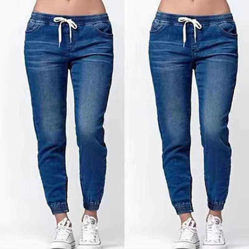 Printemps et automne Jeans pour femmes droites hip-up mi-taille tendance décontractée à lacets pieds lavés lanterne dames pantalons fins WS38 211129