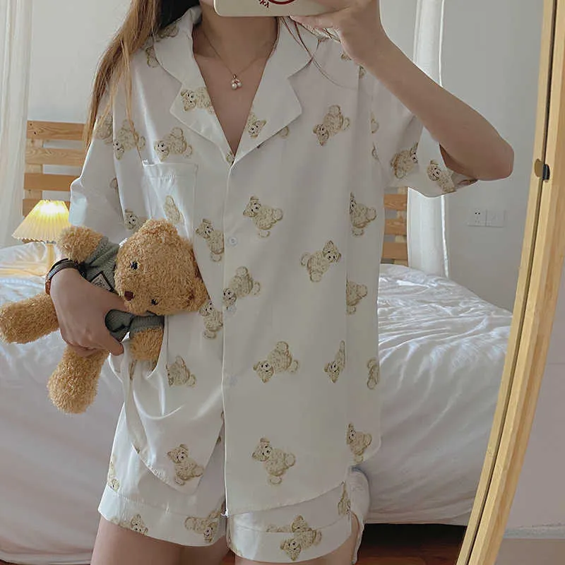 Wikisspjs Pyjama mignon manches courtes Kawaii deux pièces ensemble d'été Loungewear Sleep Tops Bear Cub Cartoon PJS JP Origine 210809