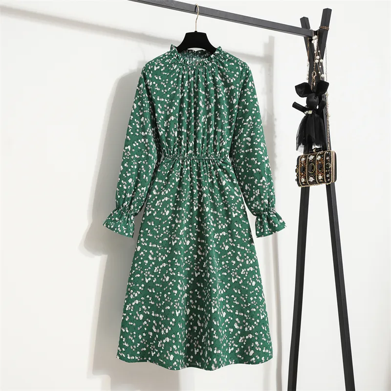 Women's Chiffon Dress Female Vintage Floral Printed Long Sleeve Half Turtleneck Midi Dresses Spring Autumn Flare Sleeve Vestidos 220310