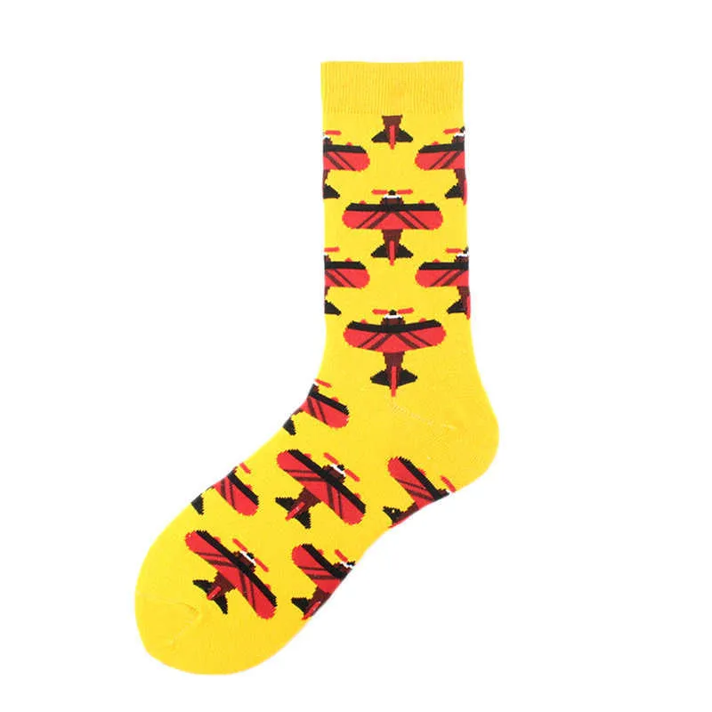 Funky мультфильм самолет самолет хлопчатобумажный экипаж мужские носки осень зима хараджуку дизайнер веселье сумасшедший фанк подарок новинка черный желтый x0710