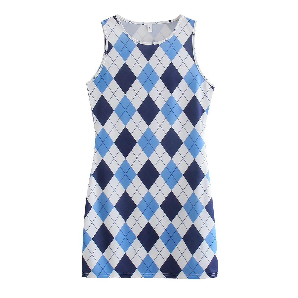 VUWWYV robe d'été femme blanc bleu imprimé géométrique réservoir robes femmes mode sans manches décontracté Mini dames 210430