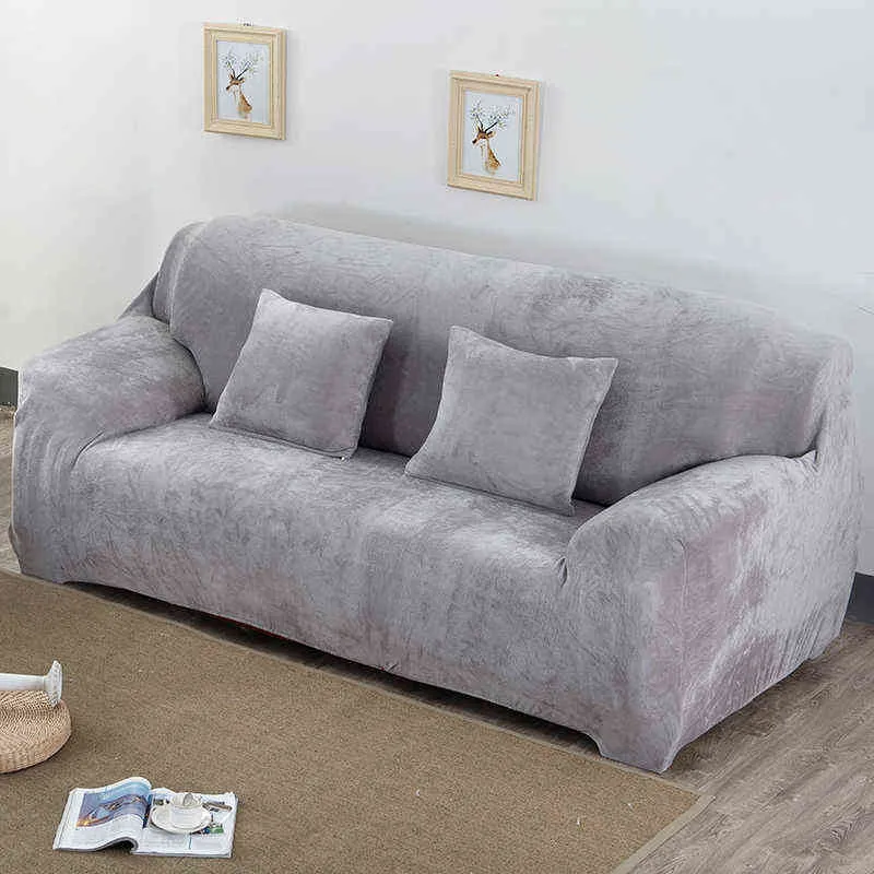 Plush Grey Sofa Covers for Living Room Stretch Elastic Thick Slipcover Pets Chair Cover Sofa Towel Furniture Protector 211102
