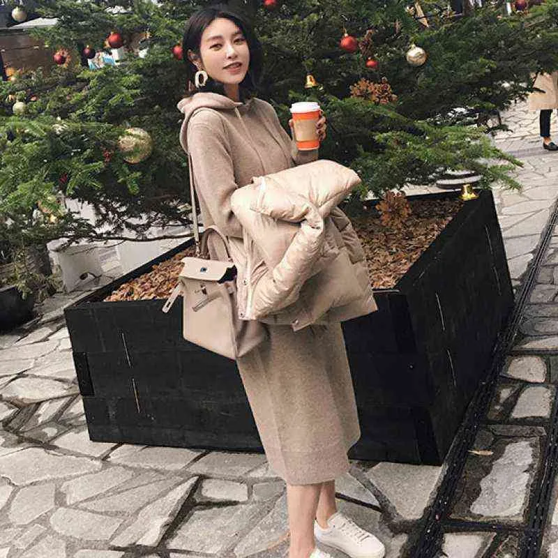 Woolen 2021 New Woman Hooded Knitted Dress Ladies Full-sleeve Loose Elegant Long Sweater Dress Female Autumn Winter Khaki TOP G1214