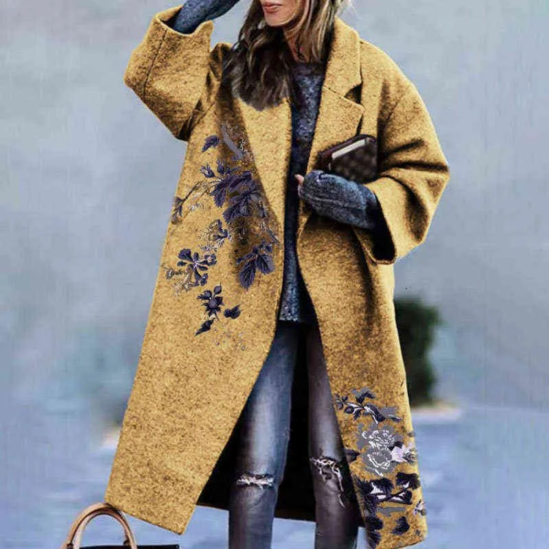 Winter Frauen Mischung Wollmantel Herbst Street Lady Lange Elegante Strickjacke Mäntel Vintage Blumendruck Tasche Langarm Jacke 211110