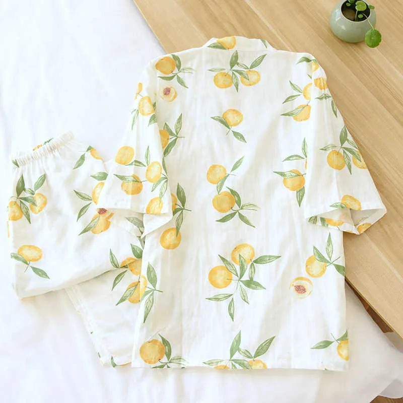Japanese kimono spring and autumn womens floral loose pajamas suit 100% cotton three-quarter sleeve home service thin summer 210809
