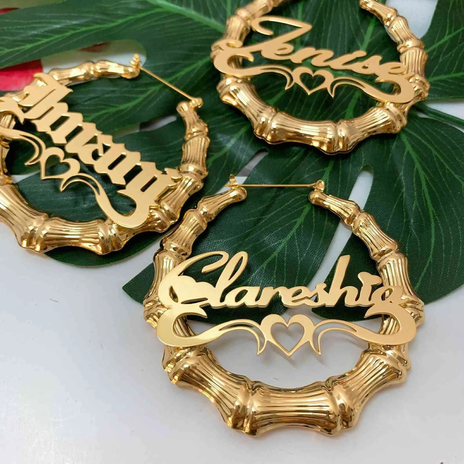 Earrings Custom Bamboo Name with Heart Hoop Nameplate Jewelry Fashion Show Charming Gold Gift 210924