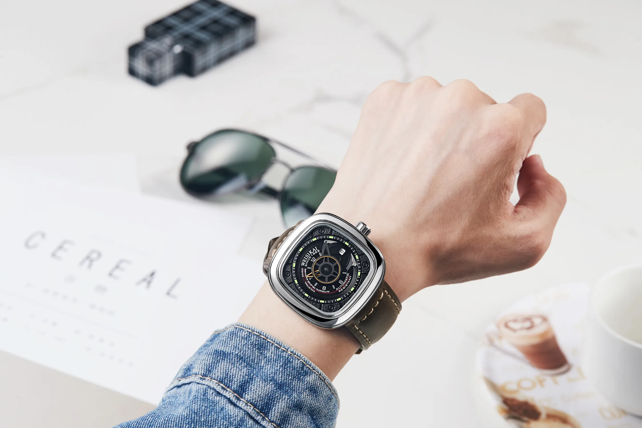 Heren luxe horloge lederen band vierkante horloges sport casual lichtgevende waterdichte heren automatische mechanische polshorloges179n
