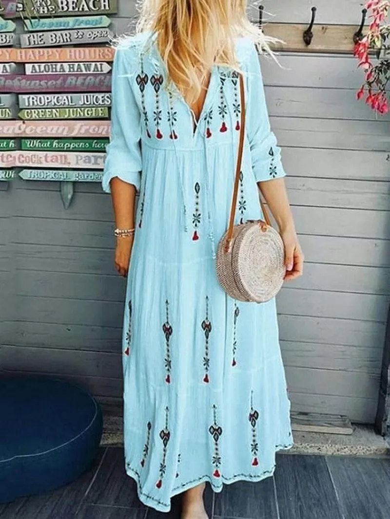 Frauen Kleid V-ausschnitt Langarm Print Plus Größe Kleider Casual Lose Blume Bohemian Für 210524