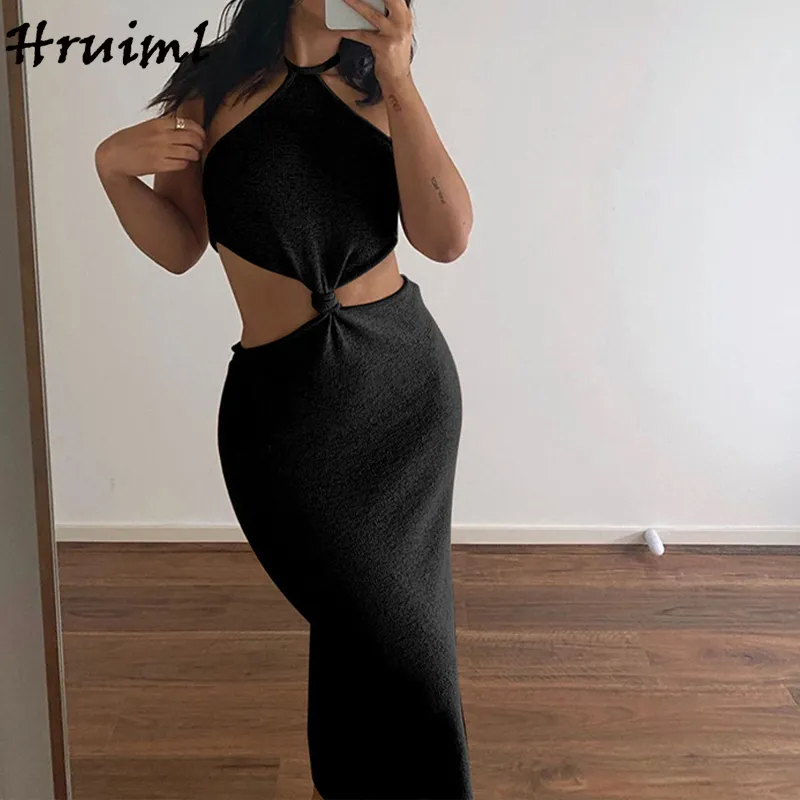 Femmes Vêtements Robe D'été Solide Couleur Halter Évider Mode Plus La Taille Soirée Club Chic Vacances Femme 210513