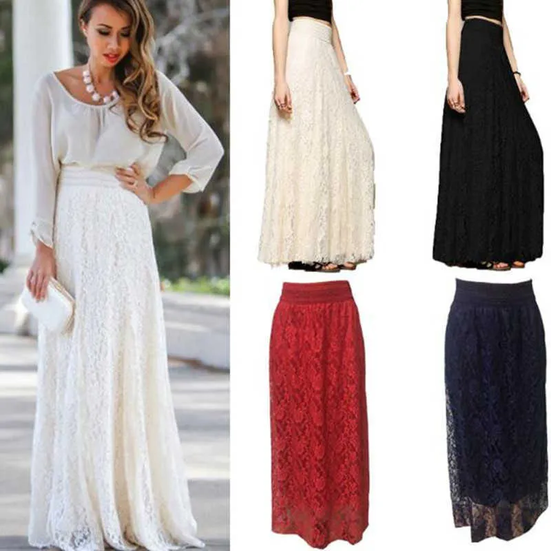 Mode blanc argent taille haute fête porter Maxi femme jupes plissées Style femmes dames longue jupe d'été 210721