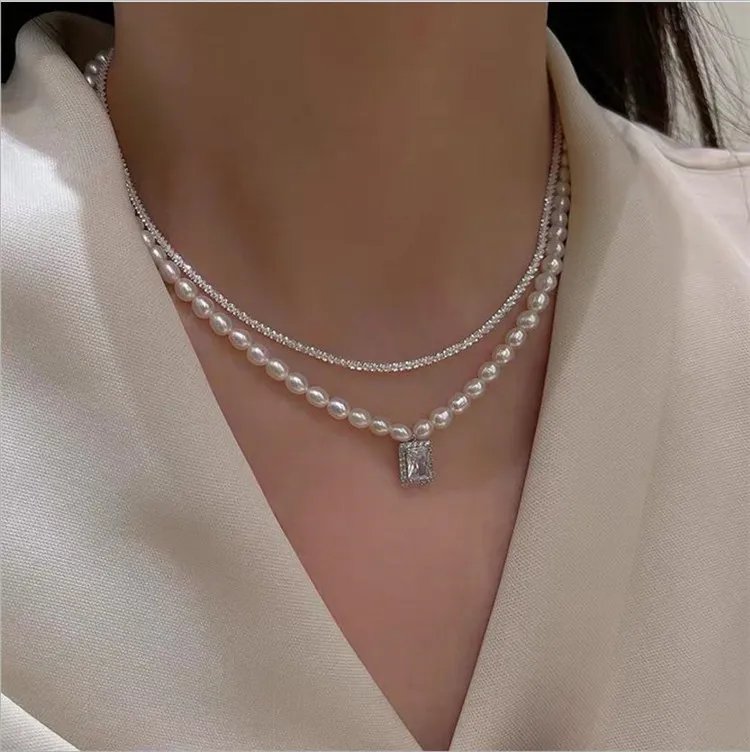 Silver plated snow chain drop square freshwater pearl necklace264p